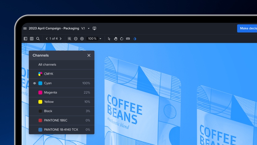 Color separation toll in an online proofing platform for creative assets review