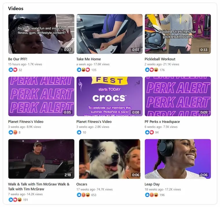 Facebook livestream list grid of Planet Fitness