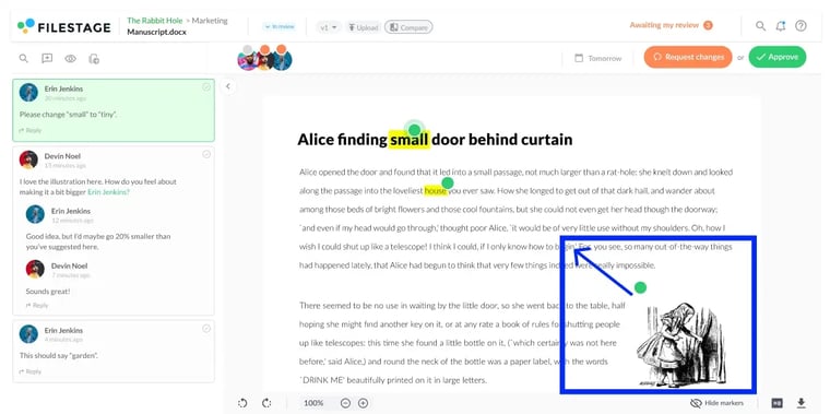 Filestage in-app view of a document being reviewed with stakeholders sidebar