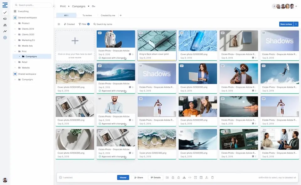 Gallery view of Ziflow user interface with proof grid
