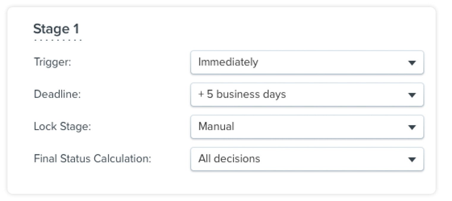 Marketing workflow stage settings details view with dropdowns - trigger, deadline, lock stage and final status calculation