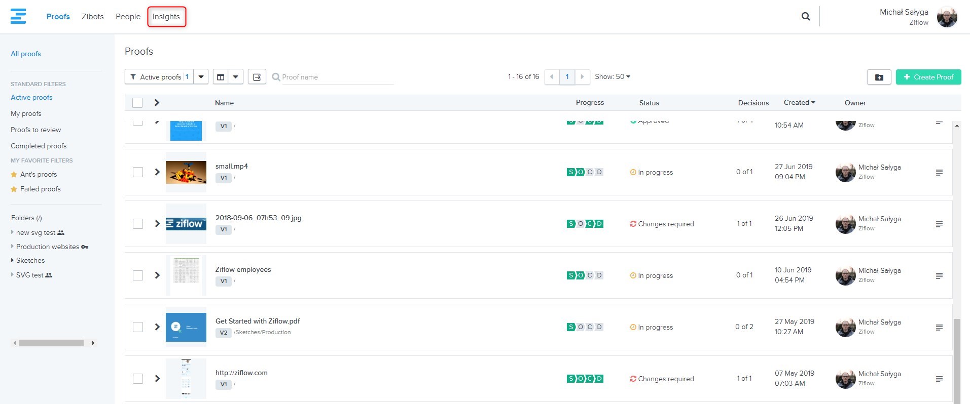 Proof resources list view in online collaboration platform