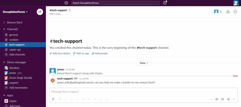 Zapier and Slack integration message uster interface