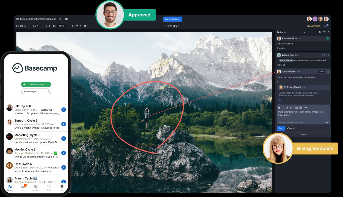 Ziflow app interface overview and Basecamp mobile app presented combined-1