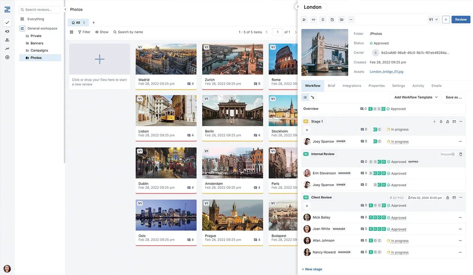 Ziflow proof mozaic dashboard with with details sidebar unfolded on the right