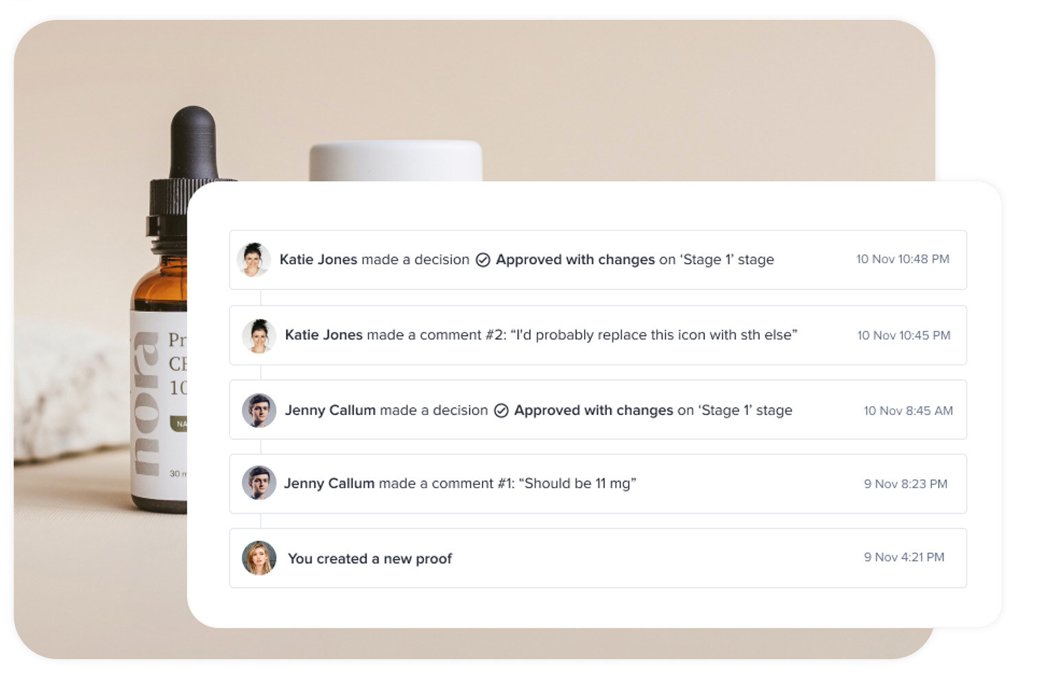 Ziflow proofs review stages visualized on the top of the content and commenters avatars