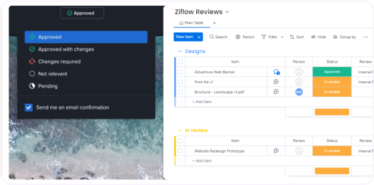 Decisions list dropdown of Ziflow reflects state in a project in Monday