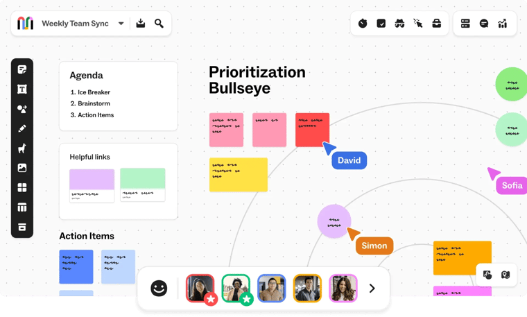Mural in project view with sticky notes, hints and meeting agenda