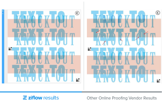 Text to knock out - two proofs compared side by side - other online proofing vendor results