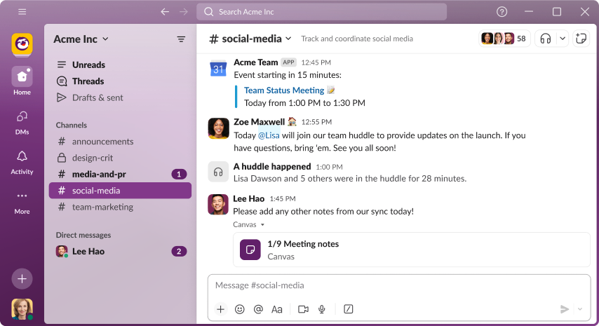 Slack workspace with channel messages view