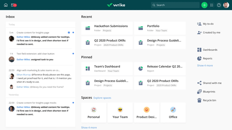 Wrike online feed view with inbox, recent, pinned, spaces and options sidebar